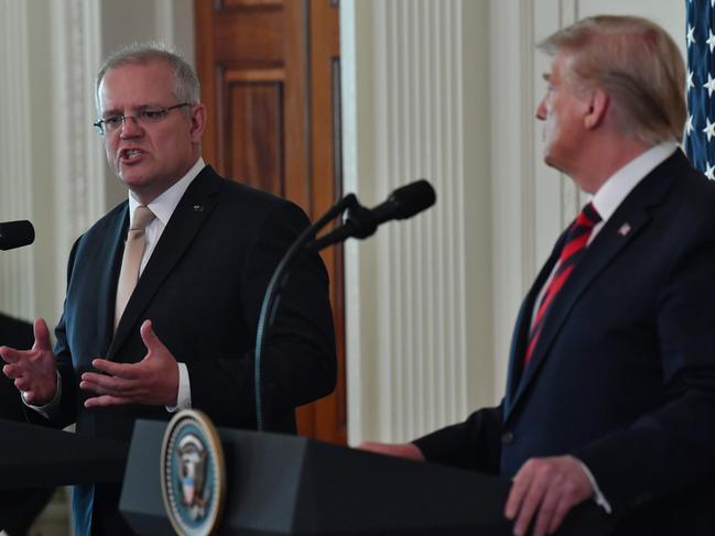 Australian Prime Minister Scott Morrison speaks during a press conference with US President Donald Trump in the East Room of the White House. Picture: Nicholas Kamm/AFP