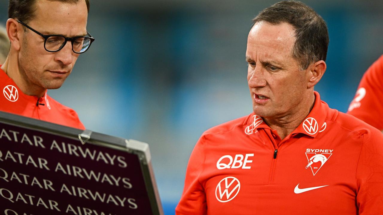 PERTH, AUSTRALIA - JULY 16: Don Pyke, Assistant Coach of the Swans works on the board during the 2022 AFL Round 18 match between the Fremantle Dockers and the Sydney Swans at Optus Stadium on July 16, 2022 in Perth, Australia. (Photo by Daniel Carson/AFL Photos via Getty Images)