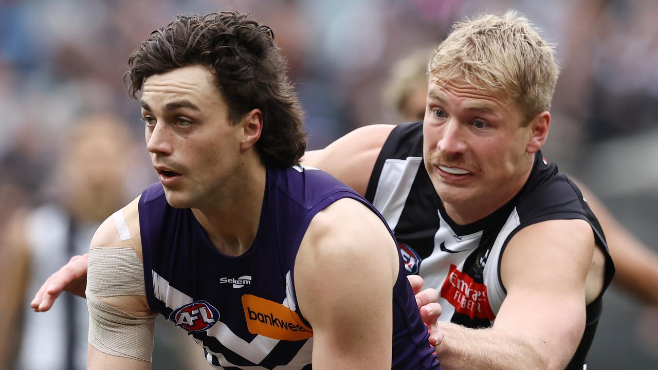 MELBOURNE, AUSTRALIA - July 15. AFL. Jordan Clark of the Dockers during the round 17 AFL match between Collingwood and Fremantle at Melbourne Cricket Ground, on May 27, 2023, in Melbourne, Australia. Photo by Michael Klein.