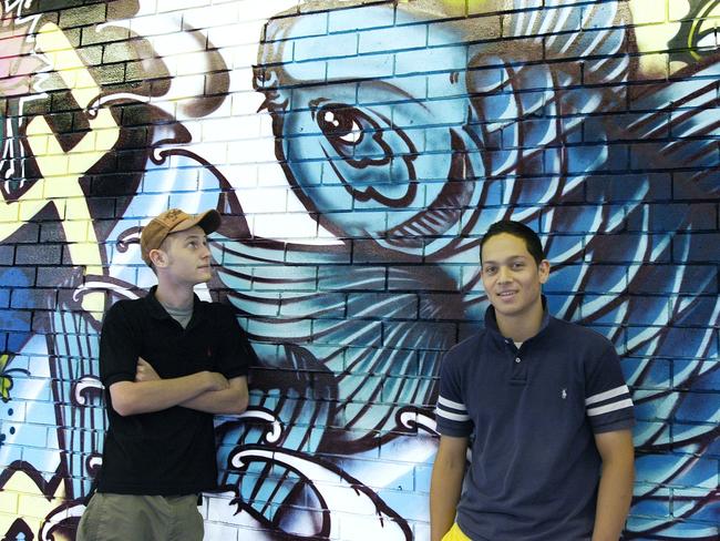 A wall mural at Mosman Council’s Youth Centre, photographed in 2007. Pictured, then Mosman teenagers Nic Mullans and Ben Quantick. Picture: Lorraine Hanna