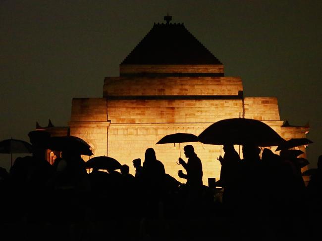Just like 2015, there will be plenty of umbrellas at Melbourne’s Shrine tomorrow with wet conditions forecast. Picture: Getty