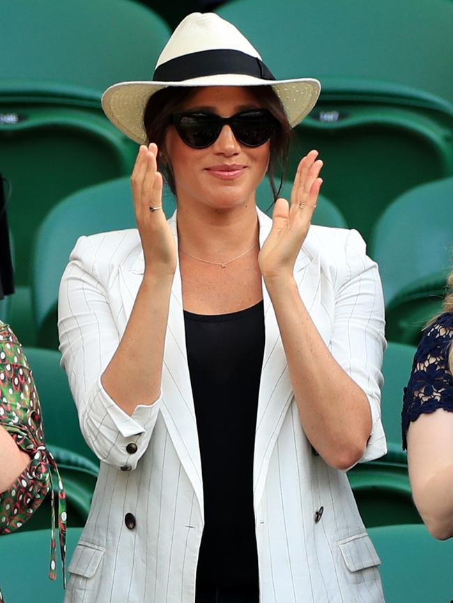 The Duchess of Sussex after watching Serena Williams at Wimbledon last month. Picture: AP