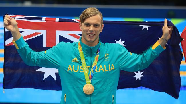 Kyle Chalmers wth his Gold Medal after winning the Men’s 100m Freestyle Final. Picture: Alex Coppel.