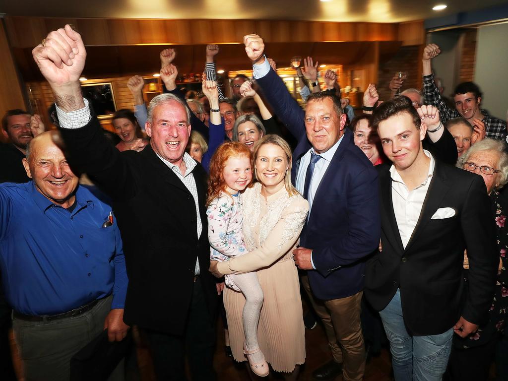 Braddon Liberal candidate Gavin Pearce celebrates his win at Burnie. PICTURE CHRIS KIDD