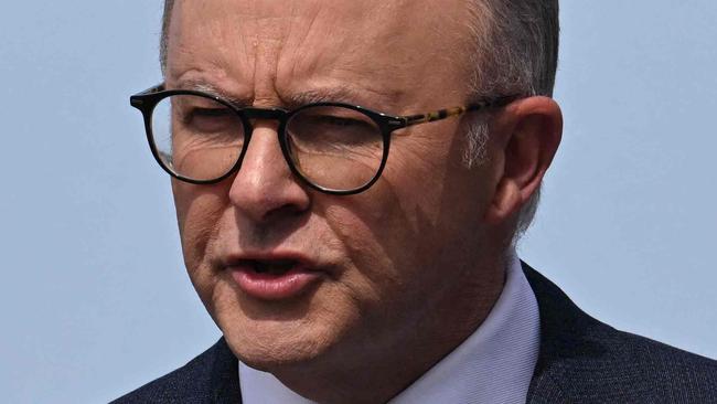 Australian Prime Minister Anthony Albanese speaks during a press conference alongside US President Joe Biden and British Prime Minister Rishi Sunak (not pictured) during the AUKUS summit on March 13, 2023, at Naval Base Point Loma in San Diego California. - AUKUS is a trilateral security pact announced on September 15, 2021, for the Indo-Pacific region. (Photo by Jim WATSON / AFP)