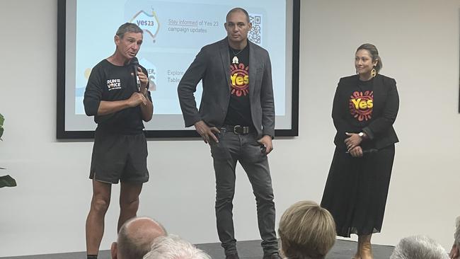 Liberal MP Pat Farmer, who passed through Bundaberg on his Run For The Voice tour around Australia in support of the Voice, joined panellists Thomas Mayo and Jade Appo-Ritchie on the stage at the conclusion of a Voice forum at Bundaberg. Picture: Supplied