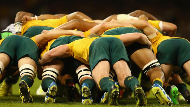 David Pocock drives the Wallabies scrum during the 2015 Rugby World Cup Pool A match between Australia and Fiji at Millennium Stadium.