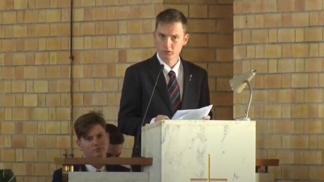 Liam Mulherin speaks at his father's funeral. Former Mackay MP Tim Mulherin was farewell in Mackay on Tuesday September 15, 2020. Picture: MECC livestream