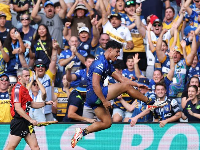 Blaize Talagi celebrates a try on NRL debut against Manly. (Photo by Cameron Spencer/Getty Images)