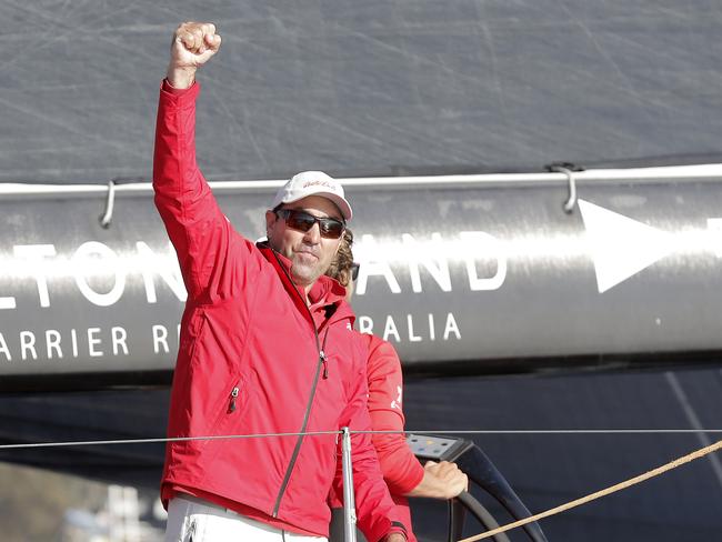 Wild Oats XI skippered by Mark Richards sails up the River Derwent on her way to a 9th line honours victory in the 2018 Sydney to Hobart Yacht Race. The yacht crossed the line in 1d 19hrs 7mins 21secs . Picture: RICHARD JUPE