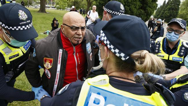 Protesters clash with police at an anti-lockdown rally at the Shrine of Remembrance in Melbourne, Victoria. Picture: NCA NewsWire/Daniel Pockett