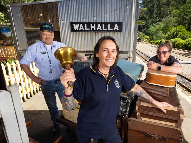 WALHALLA, DECEMBER 18, 2024: President of Walhalla Goldfields Railway Greg Hansford, Mel Beasley and Summa Grist.  Picture: Mark Stewart