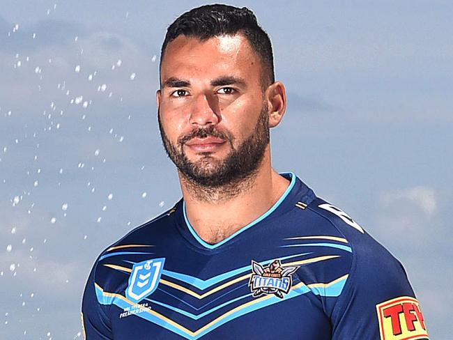 ****Exclusive for CM and GCB for Friday's paper***NOTE: STRICT EMBARGO - not for publication for online or in print until Friday November 2.Ryan James poses for a photograph in the new Gold Coast Titans jersey, which features the new sponsors at Currunbin Ally, Gold Coast.Wednesday October 31, 2018. (AAP image, John Gass)