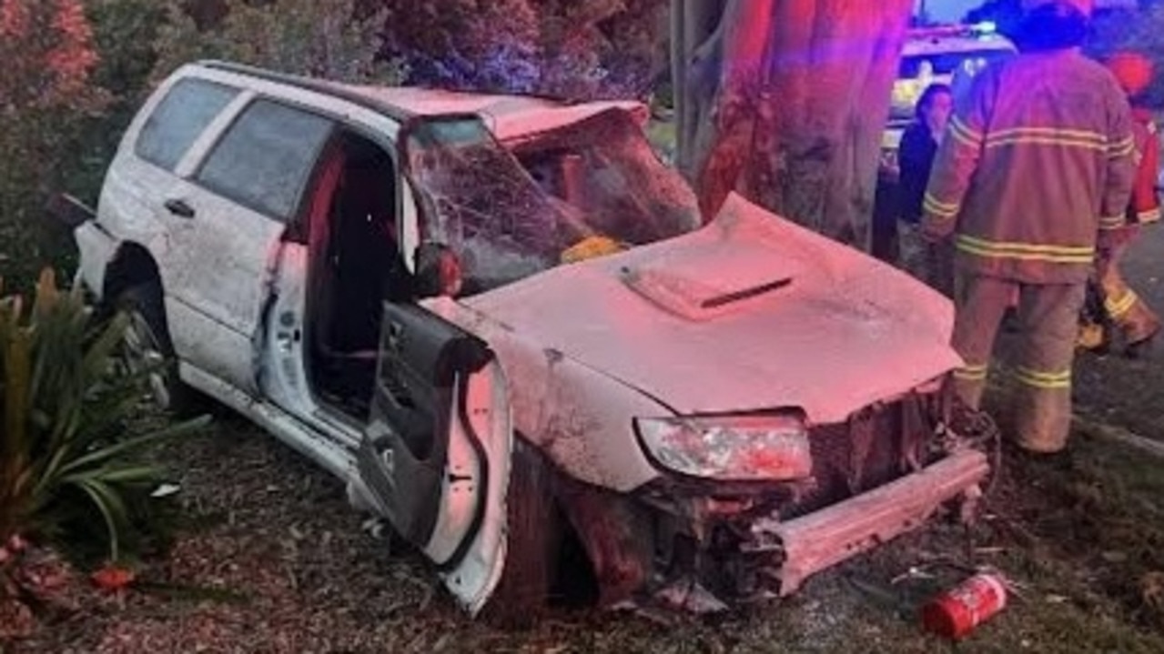 The mangled Subaru Forester following the crash on Boonderabbi Drive in Clifton Springs on December 24, 2023.
