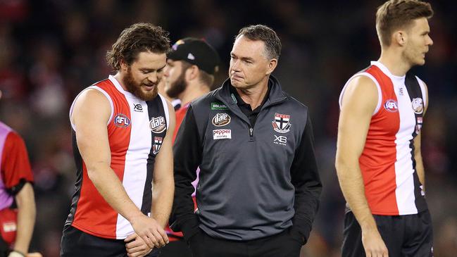 AFL Round 12. 09/06/2018.  St Kilda v Sydney at Etihad Stadium.  St Kilda coach Alan Richardson talks with Jack Steven pre game    . Pic: Michael Klein