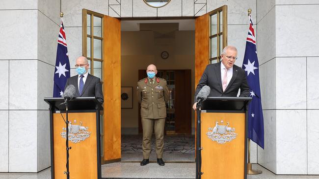 Scott Morrison addressing the media during a press conference held at Parliament House in Canberra.