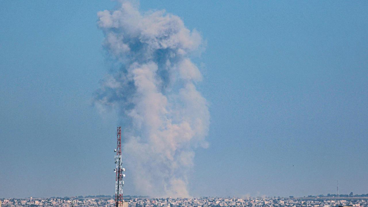 This picture taken from Rafah shows smoke billowing following Israeli bombardment of Khan Yunis in the southern Gaza Strip. Picture: AFP