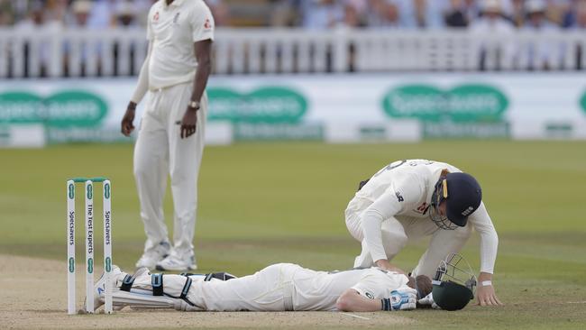 Steve Smith is floored by a delivery from Jofra Archer. Picture: Tom Jenkins