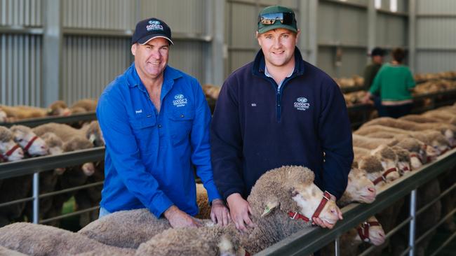 Kerin Poll first-time buyers Paul and Nic Goode from Culcairn, NSW. They paid $9000 for a ram. Picture: Supplied