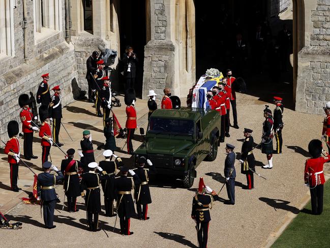 Prince Philip’s coffin is placed on top of a specially built Land Rover. Picture: Getty Images