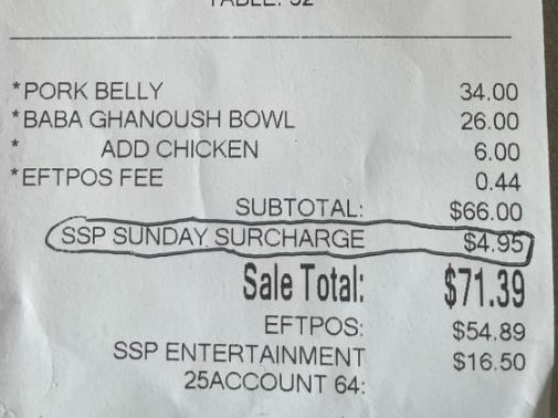 The receipt from Sandstone Point Hotel showing a 7.5 per cent Sunday surcharge.