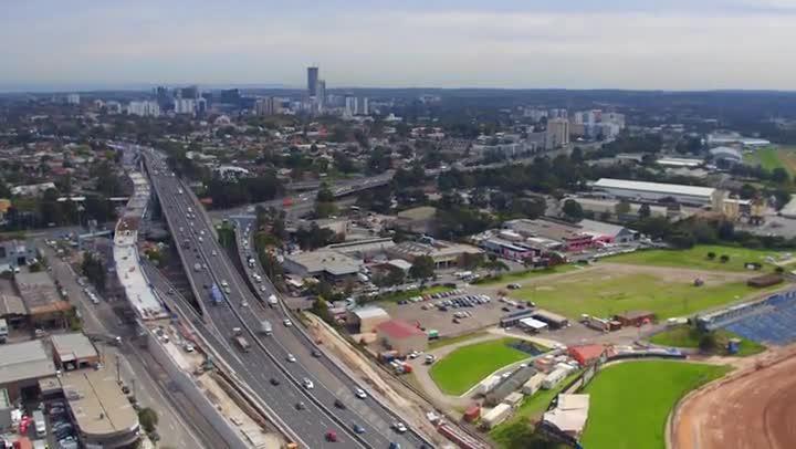 Aerials of work on WestConnex at Homebush 