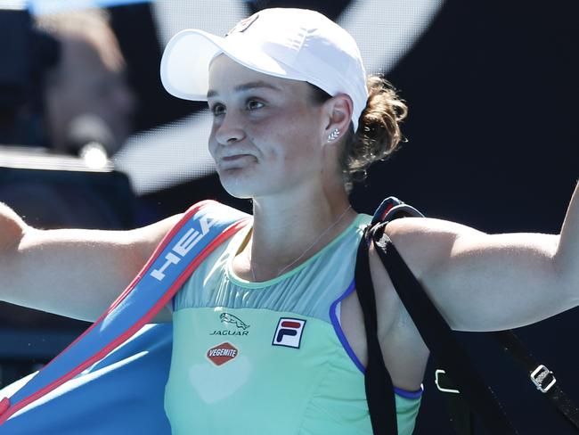 MELBOURNE, AUSTRALIA - JANUARY 30:Ashleigh Barty of Australia waves to the crowd after losing her Women's Singles Semifinal match against Sofia Kenin of the United States on day eleven of the 2020 Australian Open at Melbourne Park on January 30, 2020 in Melbourne, Australia.  (Photo by Fred Lee/Getty Images)