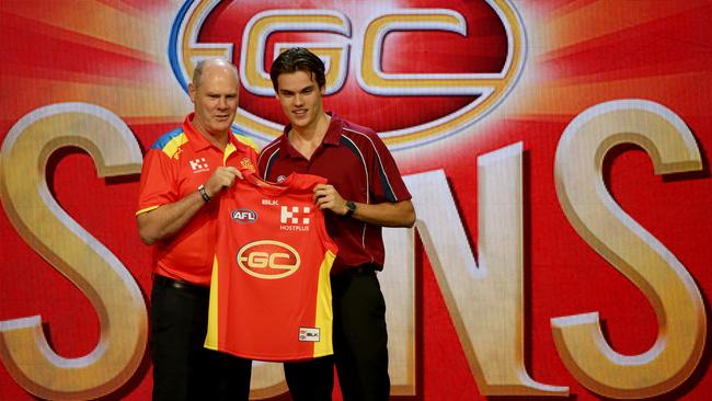 Rodney Eade welcomes Jack Bowes to the Suns on AFL Draft night. Picture: Jonathan Ng