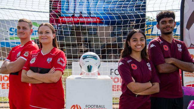 L-R Lachlan Raychaudhuri (Gunner), Jessica Gunning (Petty Officer), Rachelle Juan and Arman Dharni at the Darwin Football stadium as members of the Australian Defence Force will face off against some of the TerritoryÃ&#149;s top football talent in Friday night's annual Remembrance Day Football Match. Picture: Pema Tamang Pakhrin