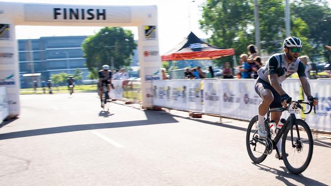 Ryan Coppola fastest rider celebrating his finish line of the 145km Sunbuild Top End Gran Fondo 2023, Darwin. Picture: Pema Tamang Pakhrin