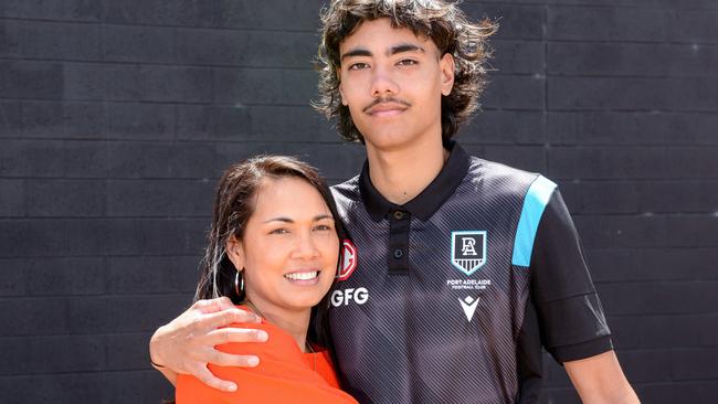 Port Adelaide father-son recruit Jase Burgoyne with his mum Anne-Marie Cooper when he joined the club. Picture: Brenton Edwards