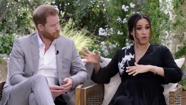 Harry and Meghan seen during their interview with Oprah Winfrey. Picture: CBS