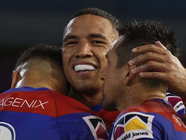 NEWCASTLE, AUSTRALIA - MARCH 12: Tyson Frizell of the Knights celebrates the win with team mates during the round one NRL match between the Newcastle Knights and the Canterbury Bulldogs at McDonald Jones Stadium, on March 12, 2021, in Newcastle, Australia. (Photo by Ashley Feder/Getty Images)