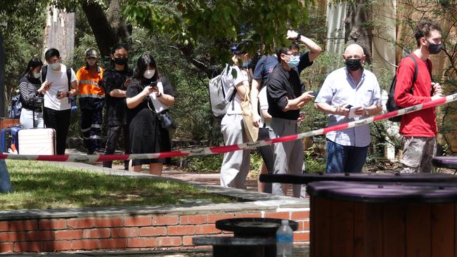 Crowds wait at the Covid testing site at Melbourne University in Carlton on Saturday. Picture: Alex Coppel