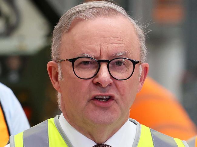 BRISBANE, AUSTRALIA - NewsWire Photos APRIL 2, 2024: Prime Minister Anthony Albanese speaks to the media during a visit to the Rheinmetall factory in Ipswich. Picture: NCA NewsWire/Tertius Pickard