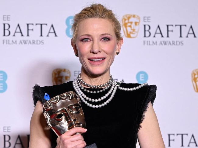 US-Australian actress Cate Blanchett poses with the award for Best leading actress for her role in 'Tar' during the BAFTA British Academy Film Awards ceremony at the Royal Festival Hall, Southbank Centre, in London, on February 19, 2023. (Photo by JUSTIN TALLIS / AFP)