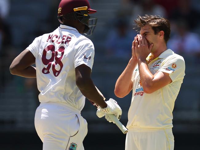 PERTH, AUSTRALIA - DECEMBER 02: Pat Cummins of Australia reacts during day three of the First Test match between Australia and the West Indies at Optus Stadium on December 02, 2022 in Perth, Australia. (Photo by Cameron Spencer/Getty Images)