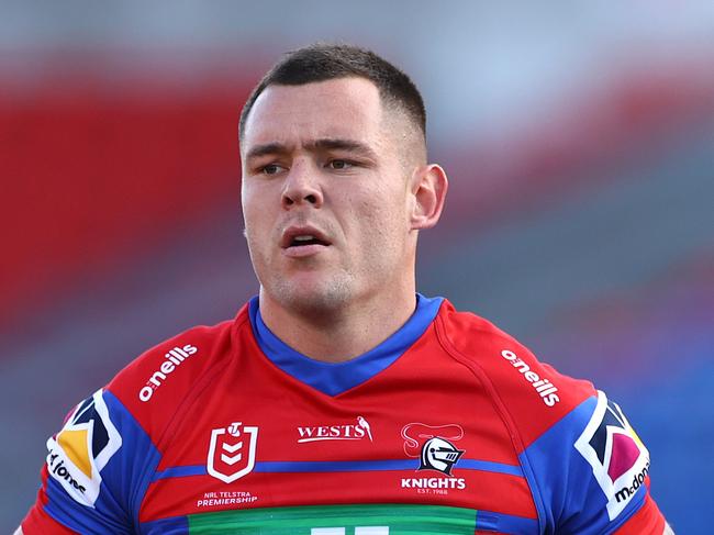 NEWCASTLE, AUSTRALIA - JULY 12: David Klemmer of the Knights warms up during the round nine NRL match between the Newcastle Knights and the Parramatta Eels at McDonald Jones Stadium on July 12, 2020 in Newcastle, Australia. (Photo by Cameron Spencer/Getty Images)