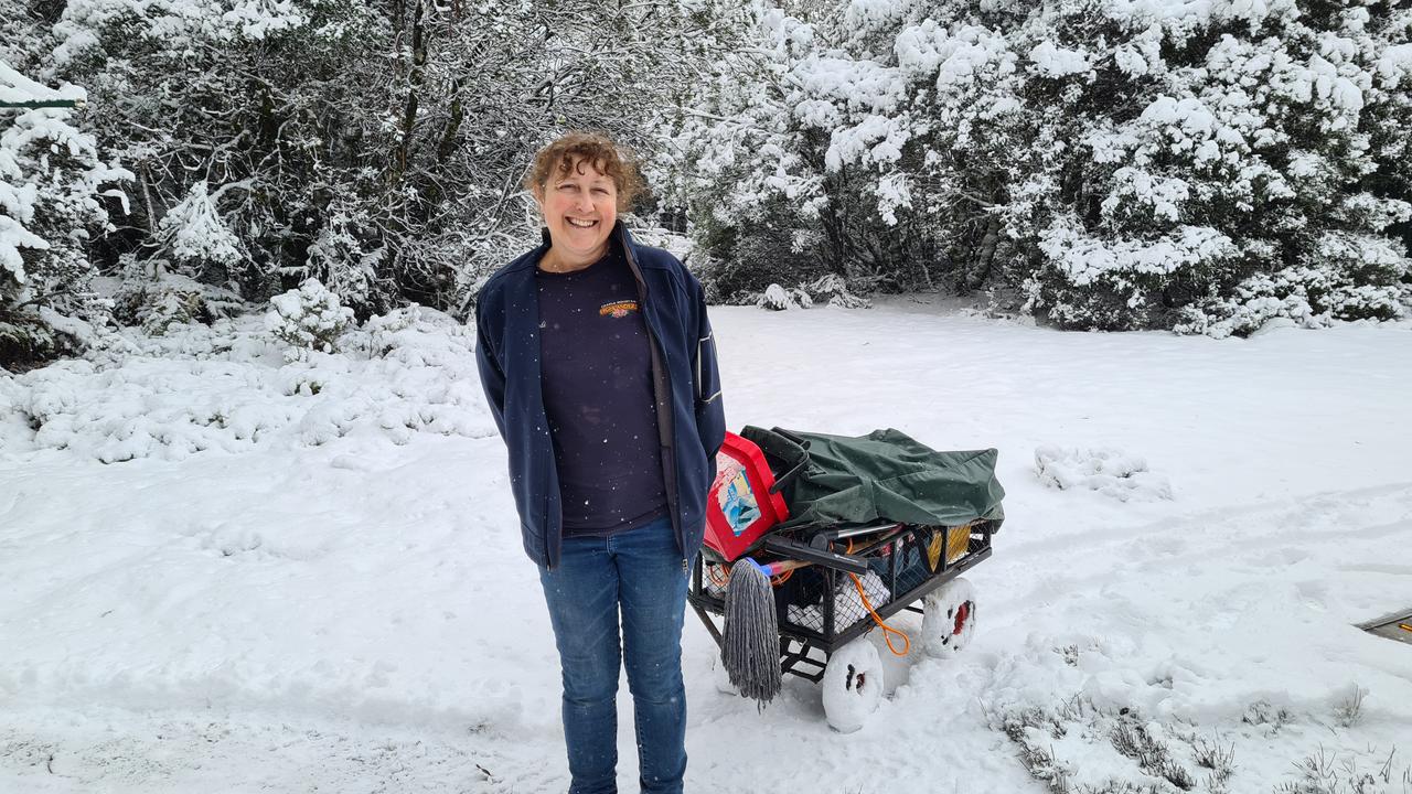 Jodi Russell housekeeper at Cradle Mountain Highlanders. Snow at Cradle Mountain Highlanders at Cradle Mountain. Picture: Goon Joon Kim