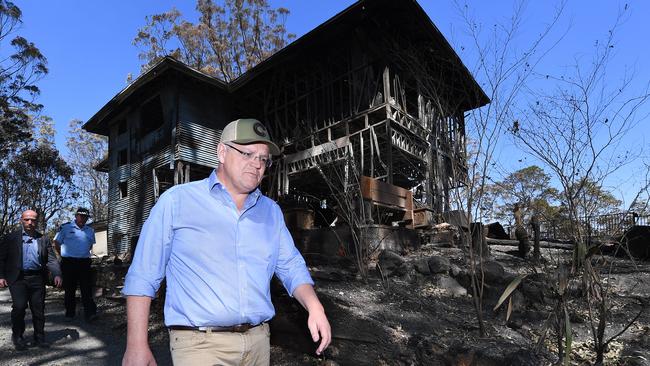 Scott Morrison at the bushfire affected area of Binna Burra in the Gold Coast Hinterland. Picture: AAP.