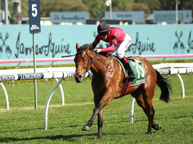 SYDNEY, AUSTRALIA - SEPTEMBER 16: Regan Bayliss riding Just Fine wins Race 5 James Squire Kingston Town Stake during "Sydney Surf To Turf Day" - Sydney Racing at Royal Randwick Racecourse on September 16, 2023 in Sydney, Australia. (Photo by Jeremy Ng/Getty Images)