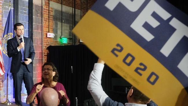 Pete Buttigieg greets supporters in Manchester, New Hampshire after the Iowa caucus. Picture; AFP.