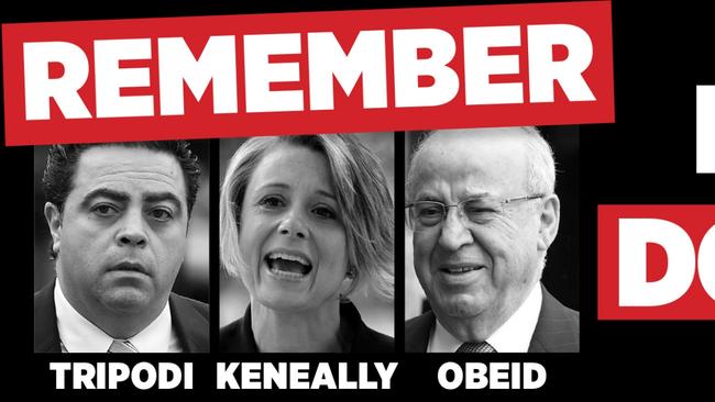 The ad the Liberal Party is running to damage Labor candidate Kristina Keneally’s campaign. Picture: Supplied