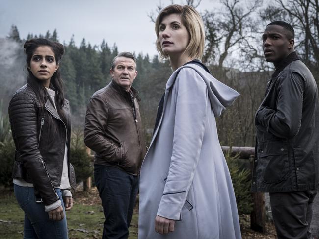 The Doc with her new gang (from left) Yasmin Khan (played by Mandip Gill), Graham O'Brien (Bradley Walsh) and Ryan Sinclair (Tosin Cole). Picture: BBC