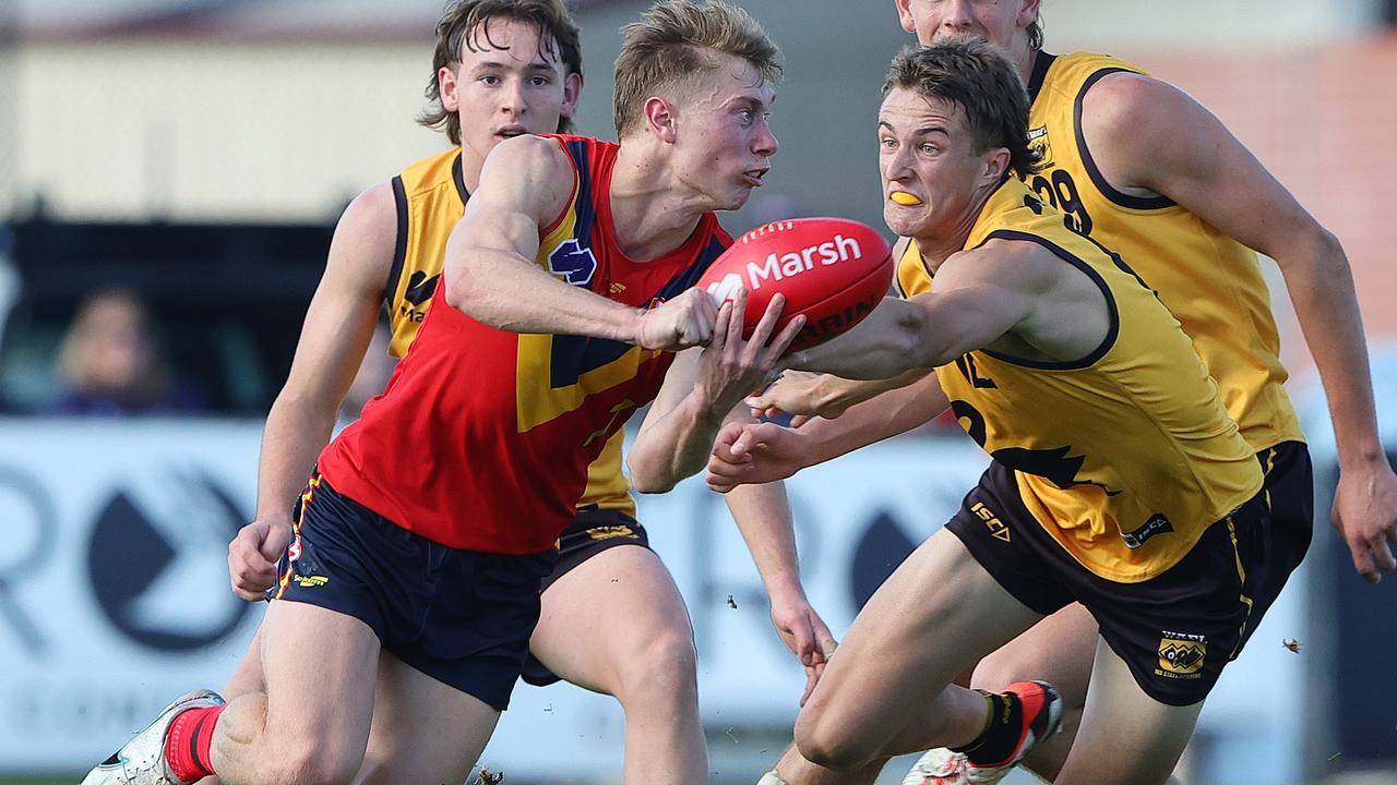 South Australian under-18 captain Sid Draper in action against Western Australia at the AFL under-18 championships. Picture: Sarah Reed/AFL Photos via Getty Images