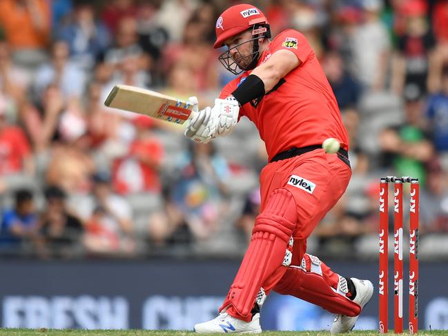 MELBOURNE, AUSTRALIA - JANUARY 27: Aaron Finch of the Renegades hits the ball during the Big Bash League match between the Melbourne Renegades and the Brisbane Heat at Marvel Stadium on January 27, 2020 in Melbourne, Australia. (Photo by Morgan Hancock/Getty Images)