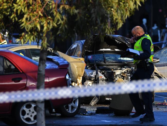 Police at the scene after the brawl outside Collingwood’s Gasometer Hotel. Picture: AAP/Julian Smith