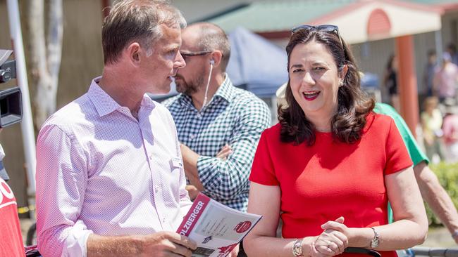 Queensland Premier Annastacia Pallszczuk with Labor candidate for Bonney, Rowan Holzberger, at the Arundel State School voting booth. Picture: Jerad Williams