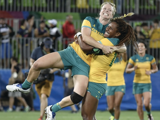 The Aussie women’s rugby sevens team provided many golden moments. Picture: AFP/Philippe Lopez