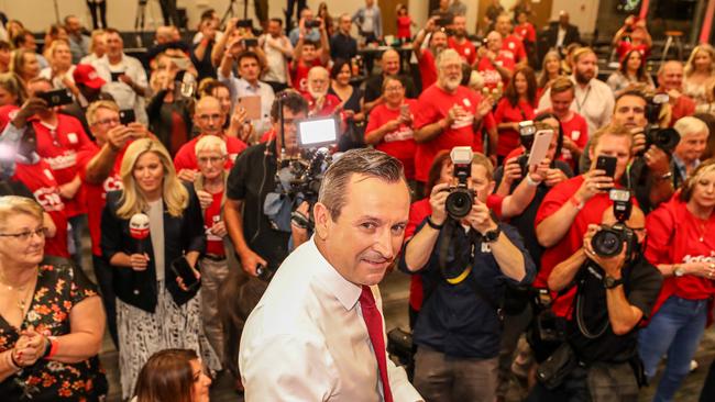 WA Premier Mark McGowan arrives at Gary Holland Community Centre, Rockingham to celebrate his election victory. Picture: Colin Murty The Australian